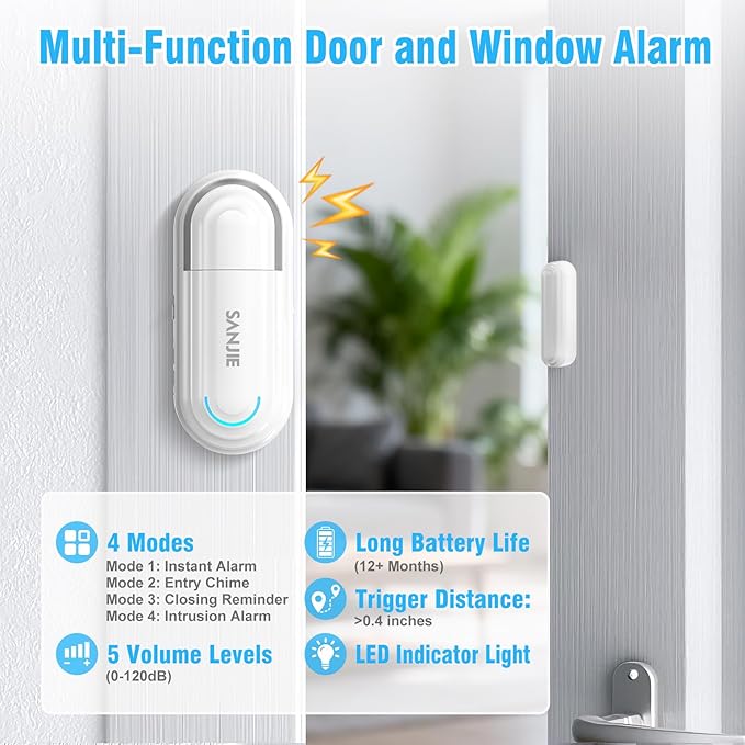 Sanjie Pool Door Alarms for Kids Safety/Home Security/Dementia,4 Working Modes,Wireless Door Open Alarm,Window Alarms Sensors,0-120dB Volume Adjustable,2 Sensors 2 Remote Controls