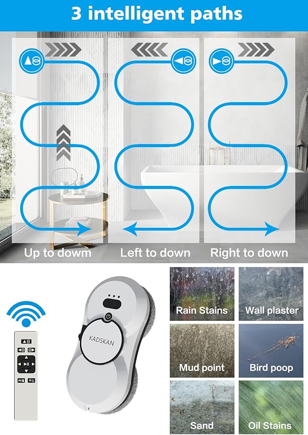 KADSKAN Window Cleaning Robot, Automatic Window Cleaner with Water Spray for Windows/Tiles/Class Door, Inside/Outside, 5600Pa Suction Power, 3.0 Path Planning, Remote Control