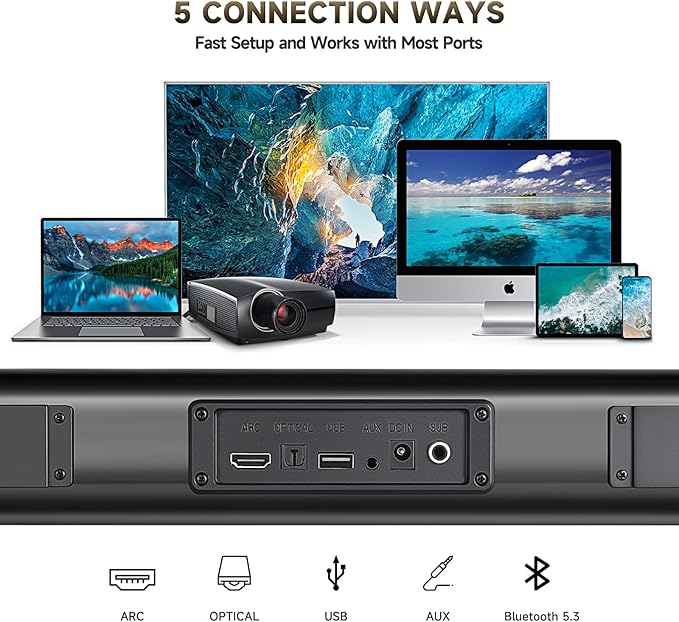 Fansbe Direct Sound Bar Speakers Bluetooth Wireless, TV Speakers Sound Bar Subwoofer, Home Theater Surround Sound Bar HDMI(ARC) Optical AUX USB 2.1ch Home Audio Sound System TV PC Wall Mount, Black