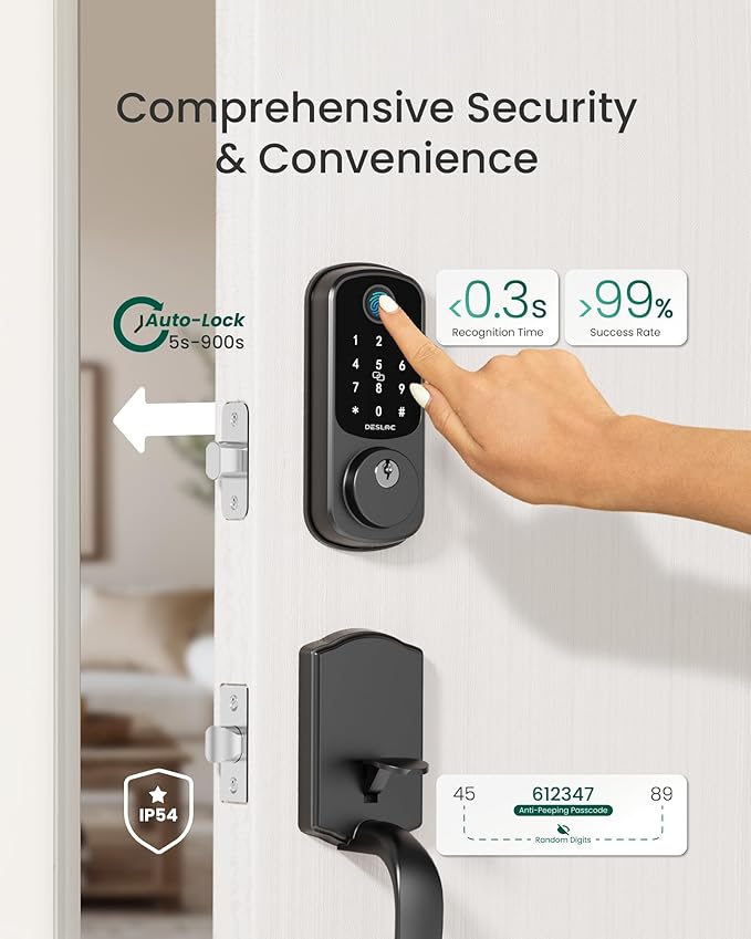 DESLOC B200 Keyless Entry Door Lock with Handle Set, Smart Locks for Front Door, Deadbolt Smart Lock, Front Door Locks Set, Electronic keypad Deadbolt with Handle, 12 Months Battery, IP54