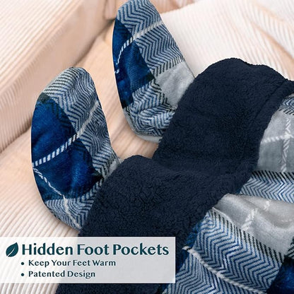 PAVILIA Sherpa Blanket with Sleeves, Foot Pocket for Women Men Adults, Thick Wearable Blanket Throw Wrap, Fleece Warm Snuggle Blanket Robe, Cozy Gift Ideas Wife Mom, Plaid Blue