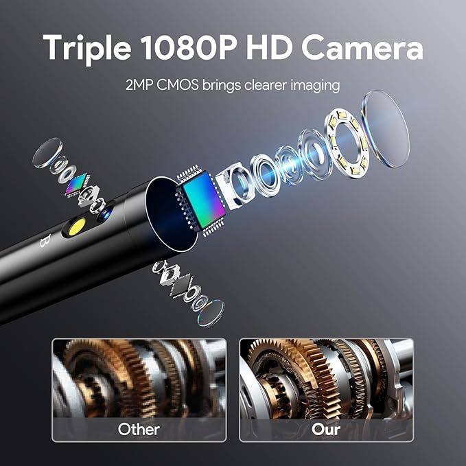 DEPSTECH Inspection Endoscope Camera with Lights: 1080P Triple Lens Snake Camera with 5" Screen and 16.5FT Flexible Cable, Waterproof Industrial Borescope Tool for Auto, Wall, Sewer, Pipe, Mechanics