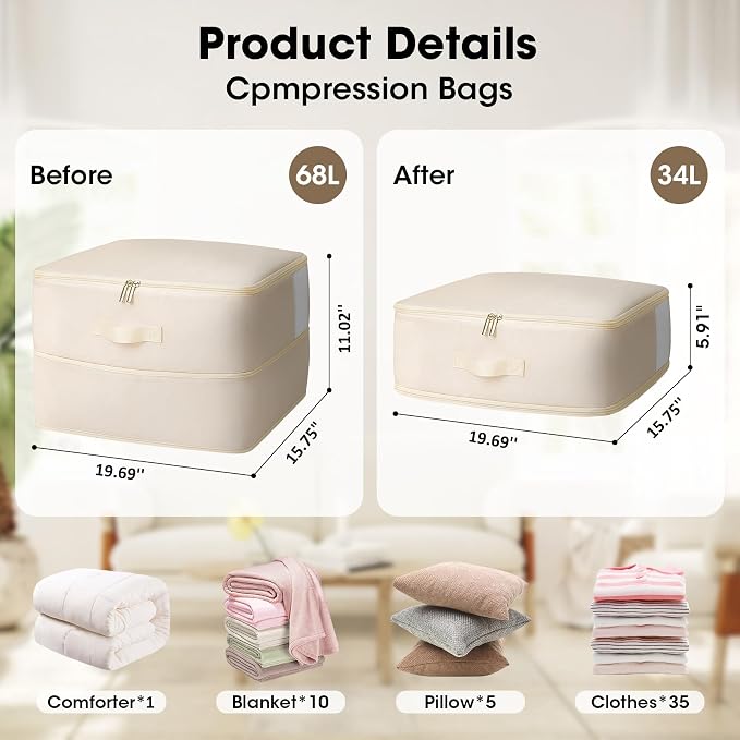 4 Pack Comforter Storage Bag, 68L Blanket Storage Bags Self Compression - Image 2