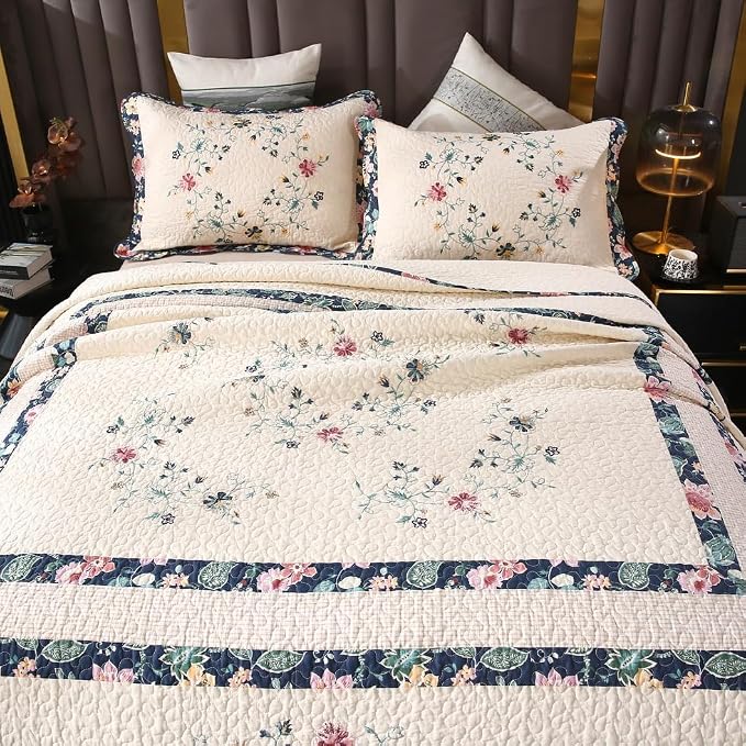 ROOMLIFE Quilt Set Full Floral Leaves 3D Embroidery Pattern 3-Piece Cotton | - Image 4