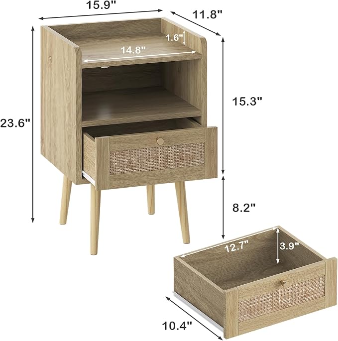 MECHYIN Night Stand with Charging Station & Rattan Decor Drawer, Boho Bedside - Image 3