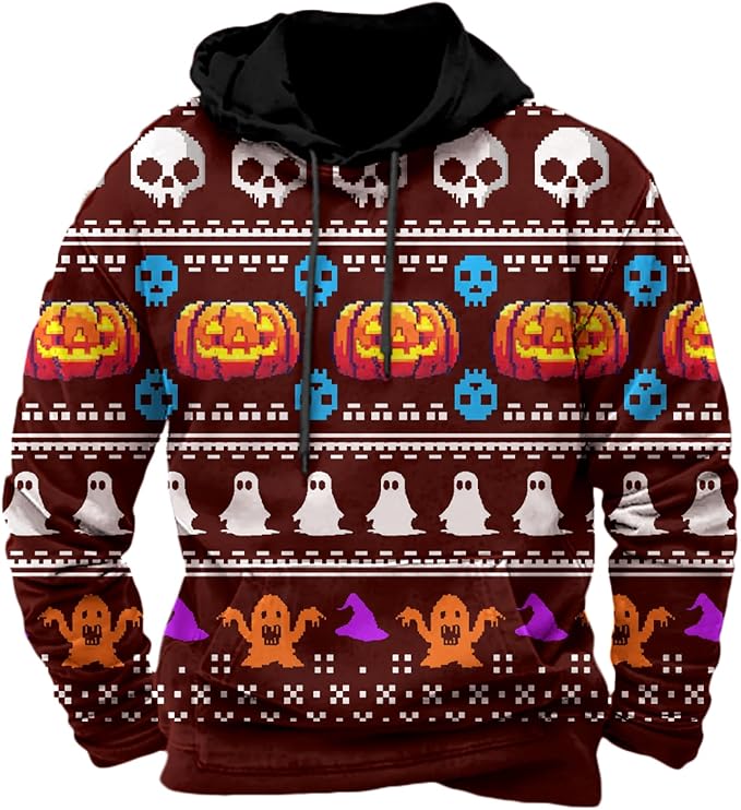 Halloween Hoodie Men Graphic Pumpkin Ghost Printed Sweatshirt Casual Trendy Long Sleeve Halloween Hooded Tops with Pockets