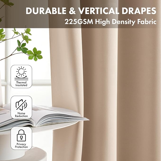 Short Beige Blackout Kitchen Curtain W40 x L45 Inch 2 Panels | Thermal Insulated - Image 4