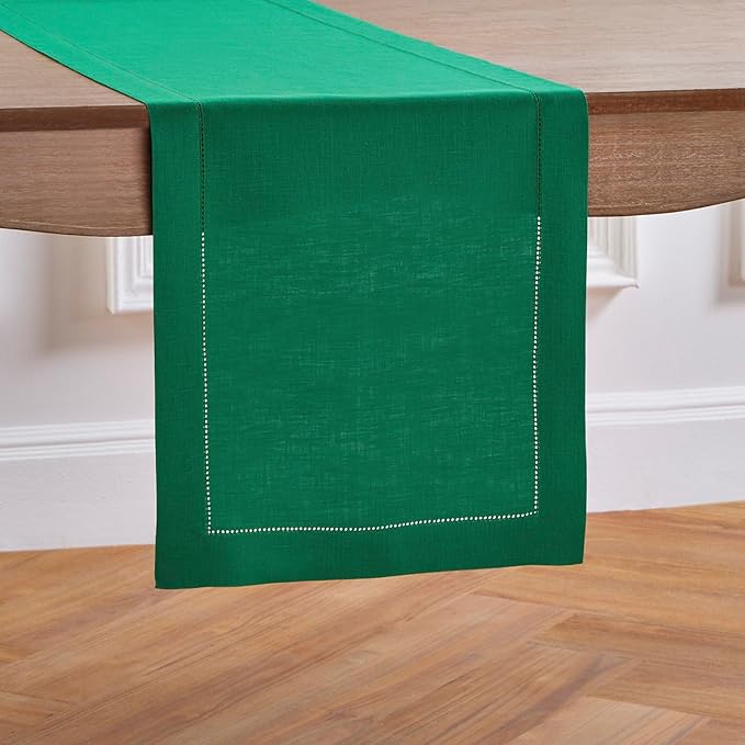 Solino Home Linen Hemstitch Table Runner 108 Inches Long - 100% Pure Linen Emerald Green Table Runner 14 x 108 Inch for Christmas, New Year - Classic Hemstitch