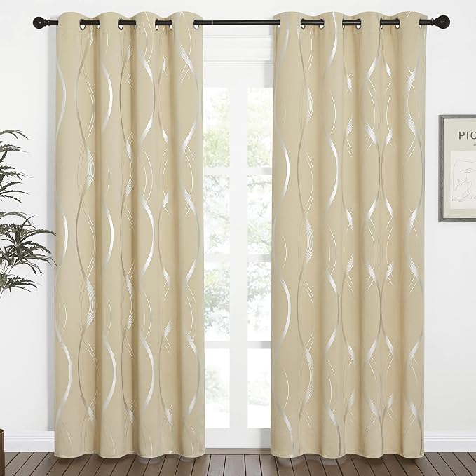 NICETOWN Wave Line Foil Print Curtains 52 x 84 Inch, Biscotti Beige | - Image 2