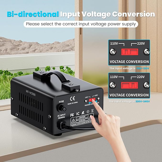 500W Voltage Converter Transformer(110V to 220V or 220V to 110V) Step Up/Down Converter 110/120 Volt - 220/240 Volt w/US Power Cord,Circuit Breaker Protection, LCD Screen Display, Manual Setting