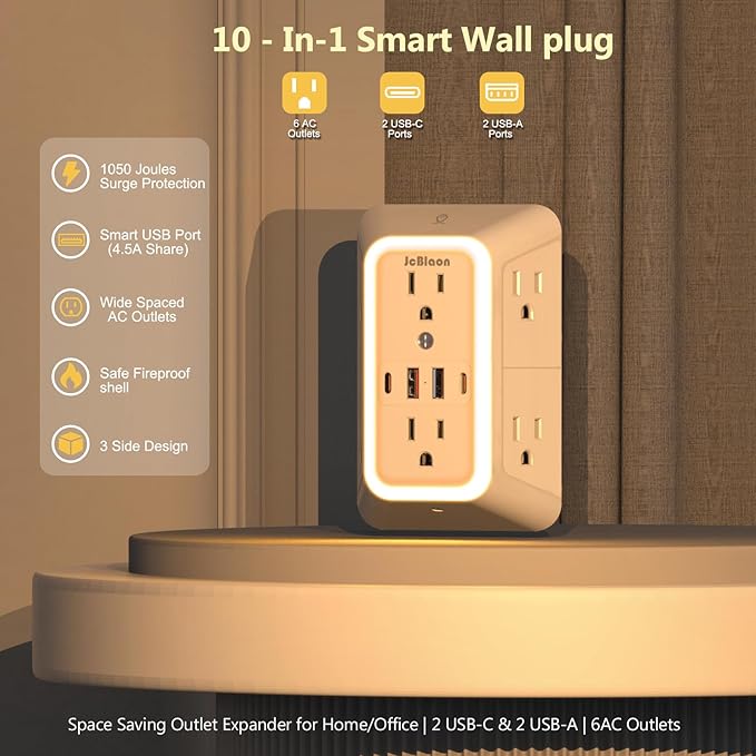 Wall Outlet Extender with Night Light, Power Plug Adapter Multi Plug Outlet Surge Protector with 4 USB Charging Ports (2 USB C), Adapter Spaced Outlets for Home Travel Office