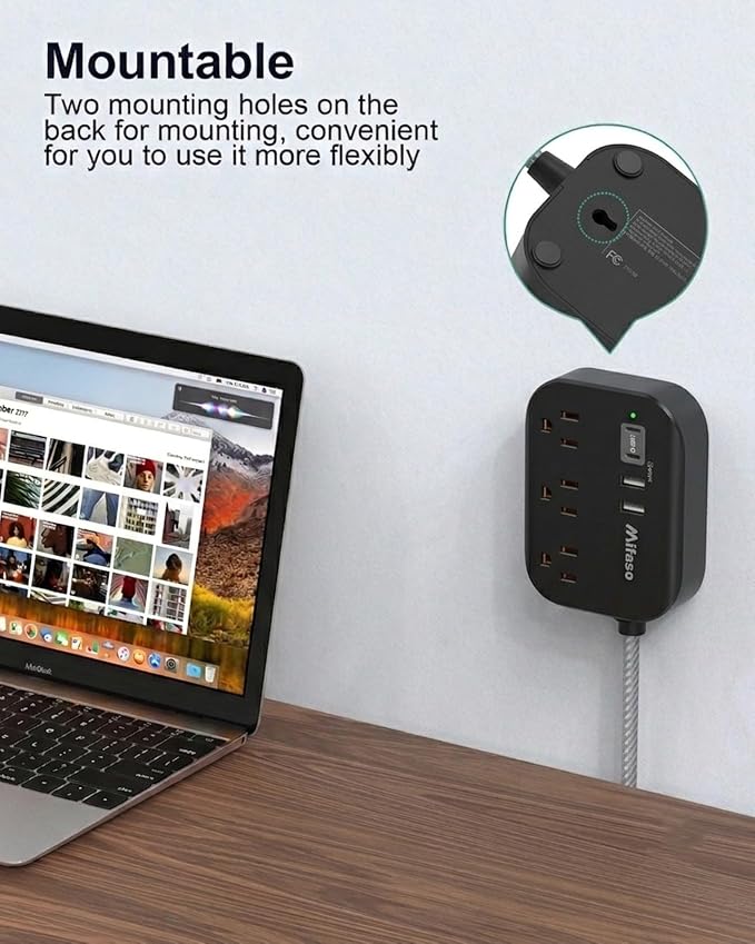 Mifaso Power Strip with USB, 15Ft Compact Flat Plug Extension Cord | 3 Outlets - Image 3