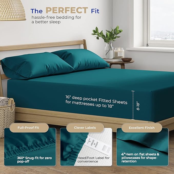 THREAD SPREAD Full Size Sheets Cotton - 400 Thread Count 4 PC 100% Cotton Full Size Sheet Sets, 16” Deep Pocket Full Size Sheets Set, Ultra Soft, Cooling Full Sheet Set, Luxury Hotel Sheets (Teal)