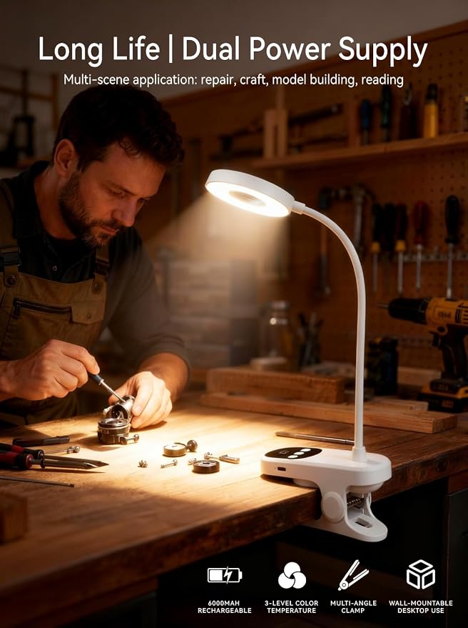 Clip On Desk Lamp Wireless 6000mAh Rechargeable LED Reading Light 3 Colors | - Image 9