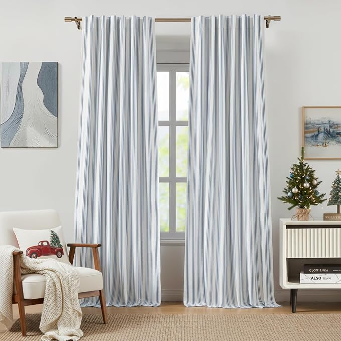 ZJDECOR 90 Inch Blue Striped Full Blackout Curtain Panels by ZJDECOR