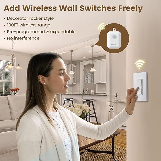 SURAIELEC Wireless Light Switch & Receiver Kit, 15A RF Remote Control Wall Switch, 100ft Range, Push-in Terminal Wiring, Expandable, Ultra-Thin Mini Size, Quick Installation (Neutral Wire Required)