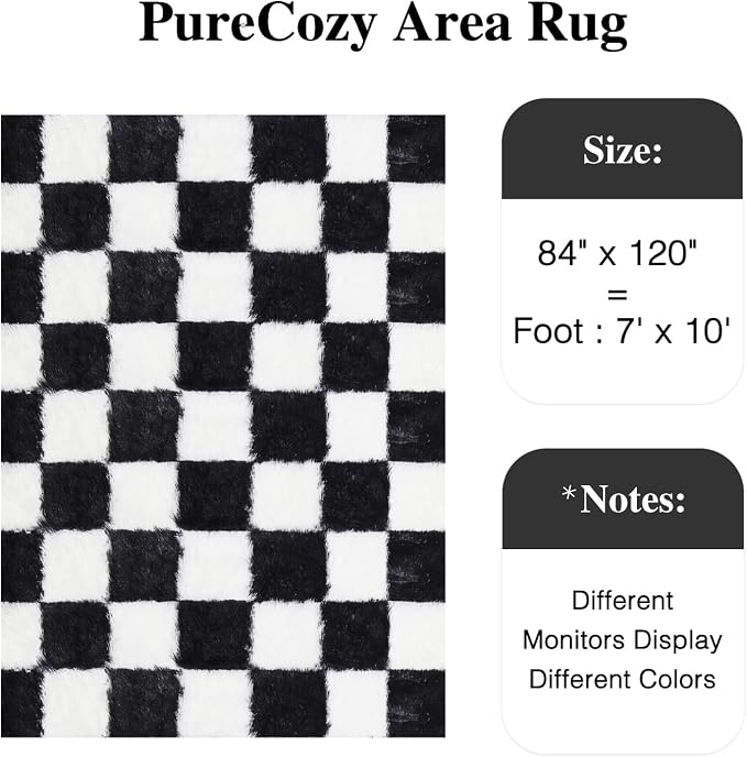 Checkered Rug 7x10 for Living Room Black and White Soft Shag Rugs | Machine - Image 2