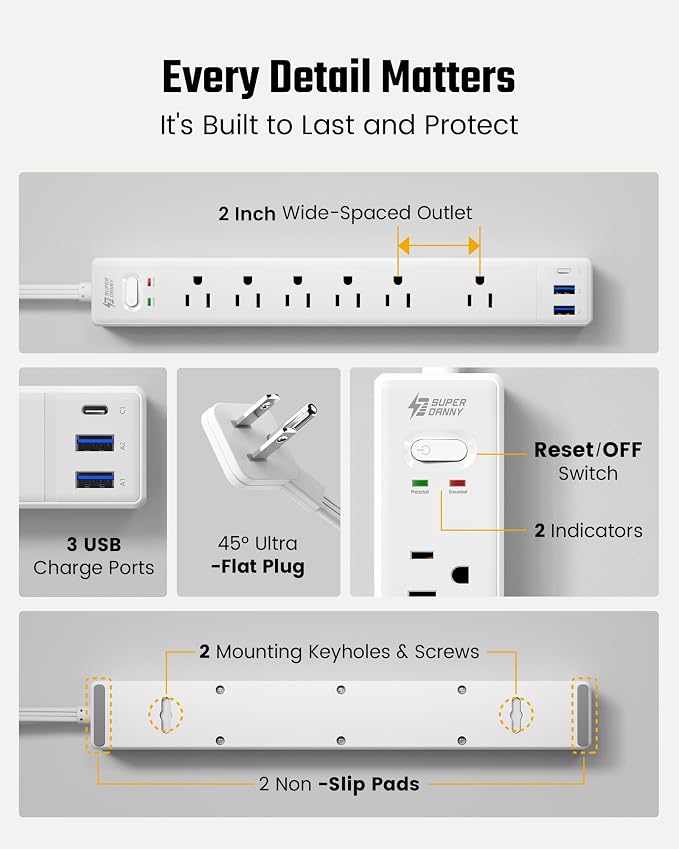 15Ft Long Extension Cord, SUPERDANNY Flat Plug Surge Protector Power Strip | 6 - Image 7