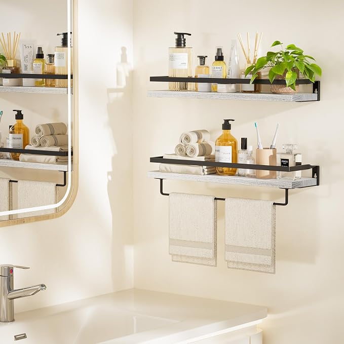 Amada Bathroom Shelves with Towel Bar, Protective Metal Guards, Paulownia Wood - Image 2