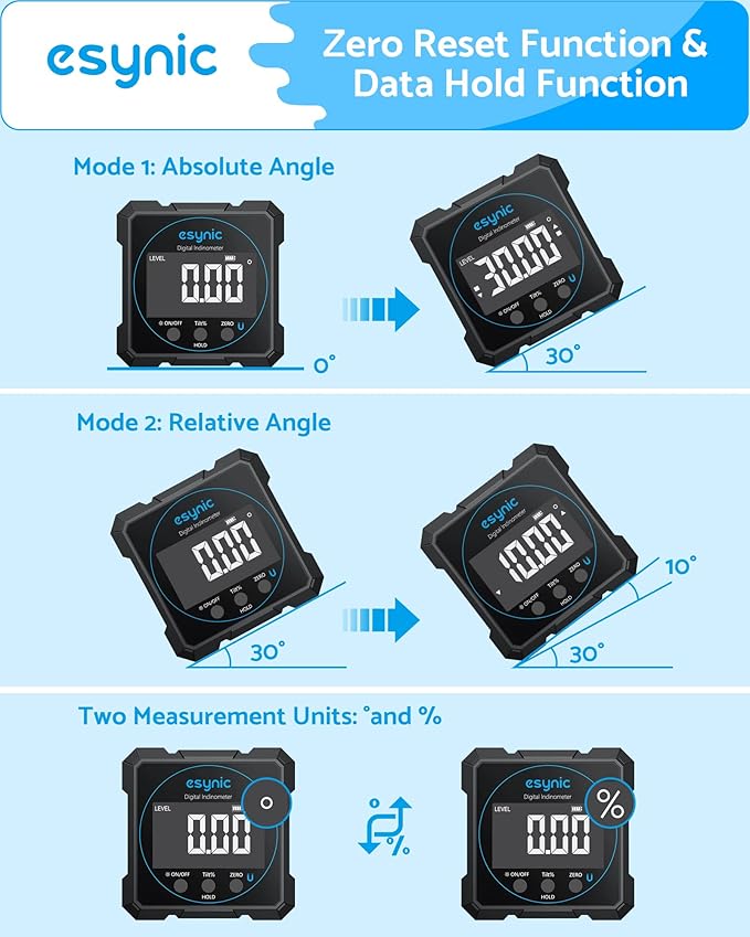 eSynic Digital Angle Finder with Laser USB-C Rechargeable Digital Inclinometer Level IP54 Waterpoof 4 Sides Magnetic Angle Gauge-Auto Off Backlight LCD Display for Construction (Laser Level: Class II)