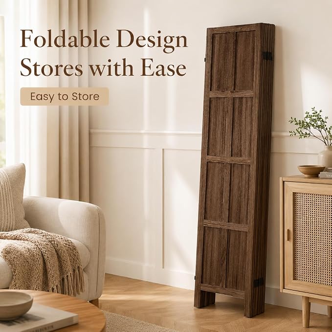 6 Panel Solid Wood Room Divider Folding Privacy Screen Brown | Freestanding - Image 4