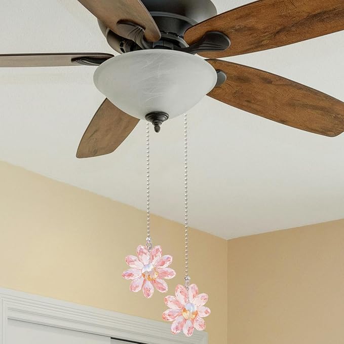 LEFERS Ceiling Fan Pull Chain, 2 Pieces 1.8" Crystal Glass Flower Pendants with 24" Ceiling Fan Chain Extender and Connector (Pink)