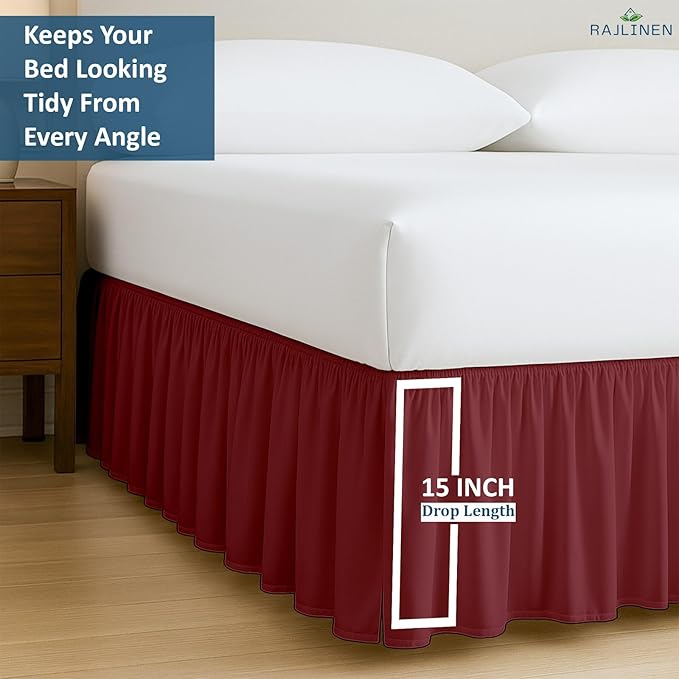 Rajlinen Ruffled Bed Skirt Queen, 15 Inch Drop Dust Ruffle with Split Corners, 100% Microfiber Bedskirt with Platform, Three-Sided Coverage Ruffled Gathering Design, Burgundy