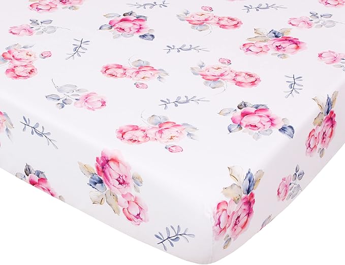 Belsden Pack of 3 Floral Fitted Crib Sheet Set for Baby Girl, Universal Fits Standard Size Crib and Toddler Mattress 28" x 52", Soft Breathable and Machine Washable, Floral Purple & Pink & Pink Rose