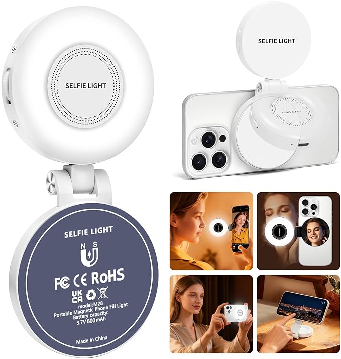 CMUBH Magnetic Selfie Light for MagSafe iPhone: 3 Light Modes, Rechargeable 360° Rotatable LED Phone Ring Fill Light with Mirror for Photography, Makeup, TikTok, Zoom, Video Conference, White
