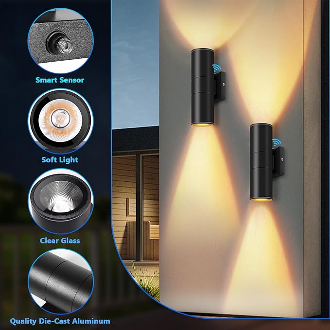 RIDALUX Dusk to Dawn Outdoor Light Fixtures: 4 Pack IP65 Waterproof Exterior Wall Light - Black Aluminum Sensor LED Porch Lights