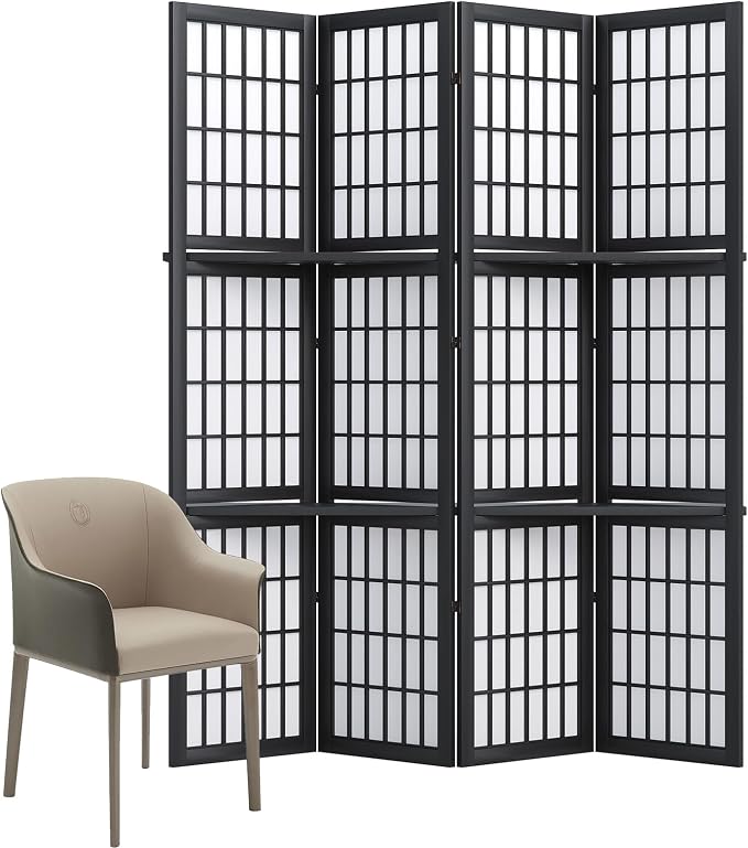 Room Divider with Shelves, 66.9-Inch Tall Japanese Shoji Style Wood Screen with - Image 7