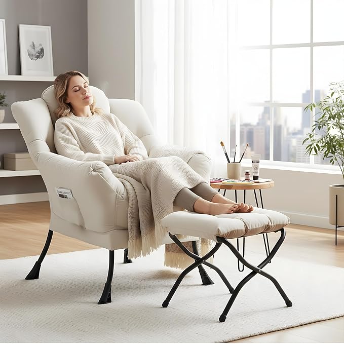 Furlide Lazy Chair with Ottoman, Comfy Fabric Accent Lounge Arm Chair with - Image 3