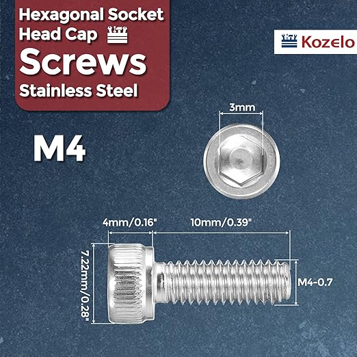 Kozelo 50pcs Socket Head Cap Screws - [M4-0.7 x 10mm] 304 Stainless Steel Allen Socket Drive for Electrical Motor 3D Printing Fan Engine Replacement Use, Silver