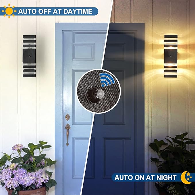 Delicavy 2PK Dusk to Dawn Sensor Outdoor Wall Lights Up Down Porch Lights Modern Exterior Light Fixtures Photocell Waterproof Black Aluminum Housing for Front Porch, Patio, Garage (Use Two E26 Bulbs)