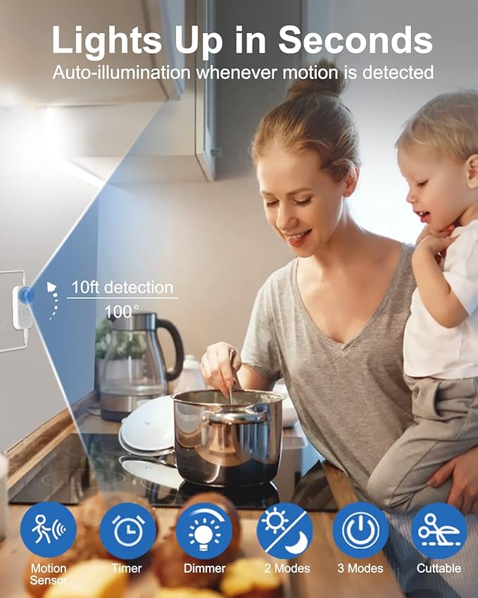 Feuymoent Motion Sensor LED Strip Light - Cabinet Strip Lights with 24W Plug, Dimmer and Timing, Indoor Light Strips for Kitchen Cabinets, Stair, Under Bed, Showcase, Bedroom, 9.84ft 6000K ColdWhite