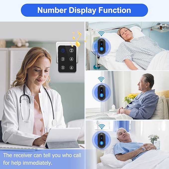 Caregiver Pager Wireless Call Button Emergency Life Alert Systems 500Ft Range with LED Number Display for Elderly/Patient/Disabled at Home/Hospital/Clinic(6 Waterproof Panic Button & 3 Receiver)