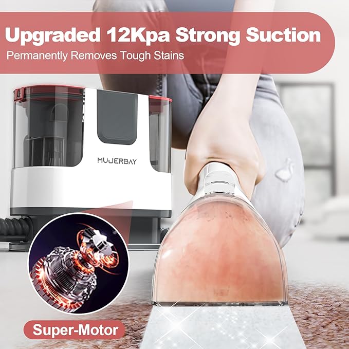 Upholstery Carpet Cleaner, MUJERBAY 12Kpa Portable Spot & Stain Cleaner Shampooer, Move with Universal Wheels & Handle, 1.18-inch Deep Cleaning Machine for Couch, Stairs, Car & Messes.