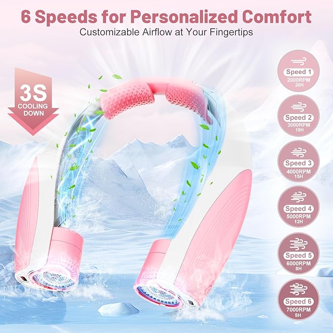 Slientspin AI Portable Neck Fan with 6 Powerful Speeds, 8000mAh Battery Operated USB-C Rechargeable Fan, Hands-Free 360° Cooling Personal Fan Neck for Women Mother Office Concerts Travel Beach(Pink)