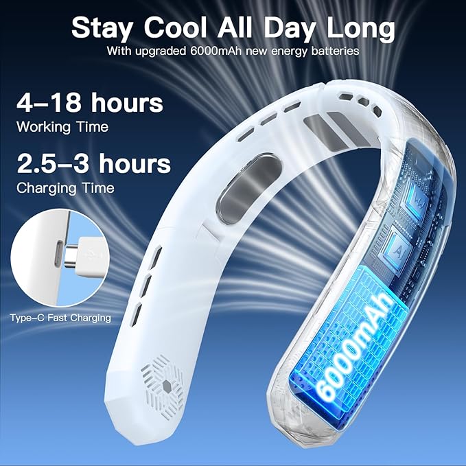 WXX Portable Neck Fan, 6000mAh Battery Neck Fan Rechargeable, 360° Cooling Personal Fan, 3 Speeds Foldable Quiet Wearable Fan for Travel Outdoor Indoor, Birthday Gifts for Men Women-White&Grey