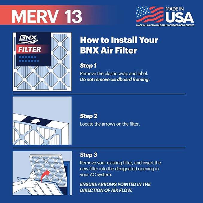 BNX TruFilter 20x25x1 MERV 13 (12-Pack) AC Furnace Air Filter - MADE IN USA - Electrostatic Pleated Air Conditioner HVAC AC Furnace Filters - Removes Pollen, Mold, Bacteria, Smoke