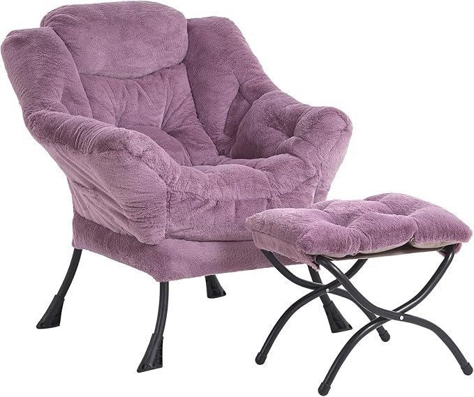 Lazy Chair with Ottoman, Comfy Accent Reading Chair, Plush Purple | Foldable by LITA
