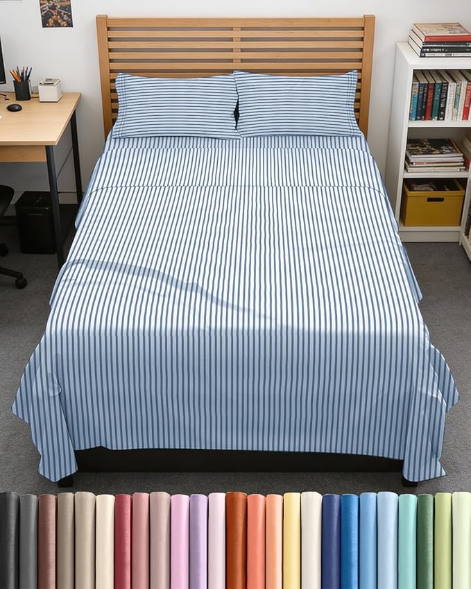 Full XL Bed Sheet Set - 4 Piece Extra Long Extended Full XL Sheets - Soft, Breathable & Cooling - Fits 8" to 16" Mattress with Deep Pockets - 54" x 80" - Wrinkle and Fade Resistant - Blue Stripes 2