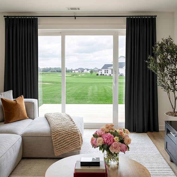 Pinch Pleated Full Blackout Faux Linen Curtains 96 Inches Long | Black - Image 4