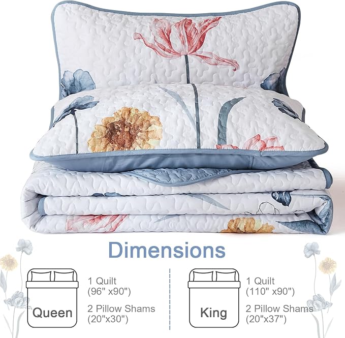 WONGS BEDDING Queen Size Quilt Set, 3-Piece Lightweight Botanical Bedspread | - Image 8