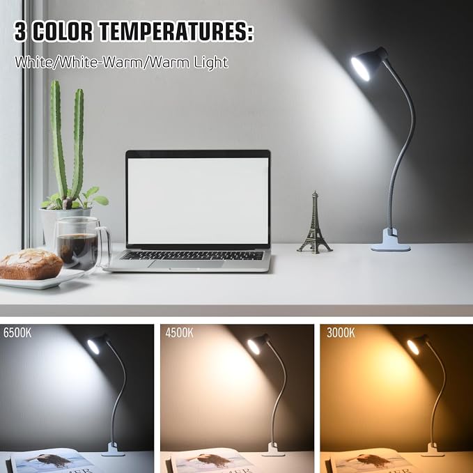 Clamp Desk Lamp, Clip on Reading Light, 3000K-6500K Adjustable Color Temperature - Image 2
