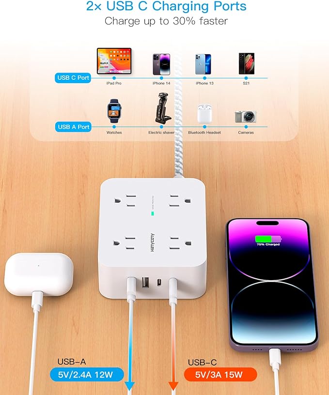 HANYCONY Surge Protector Power Strip, 5 Ft Braided Extension Cord | 8 Outlets 4 - Image 5