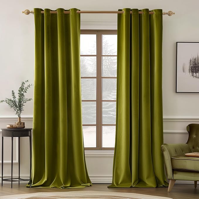 MIULEE Velvet Curtains Light Olive Green 52 x 84 Inch Length Set of 2 | Grommet by MIULEE
