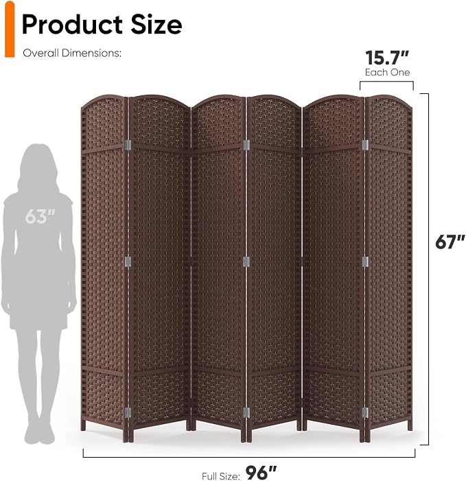 6 Panel Woven Room Divider, Freestanding Decorative Room Partition - Image 2