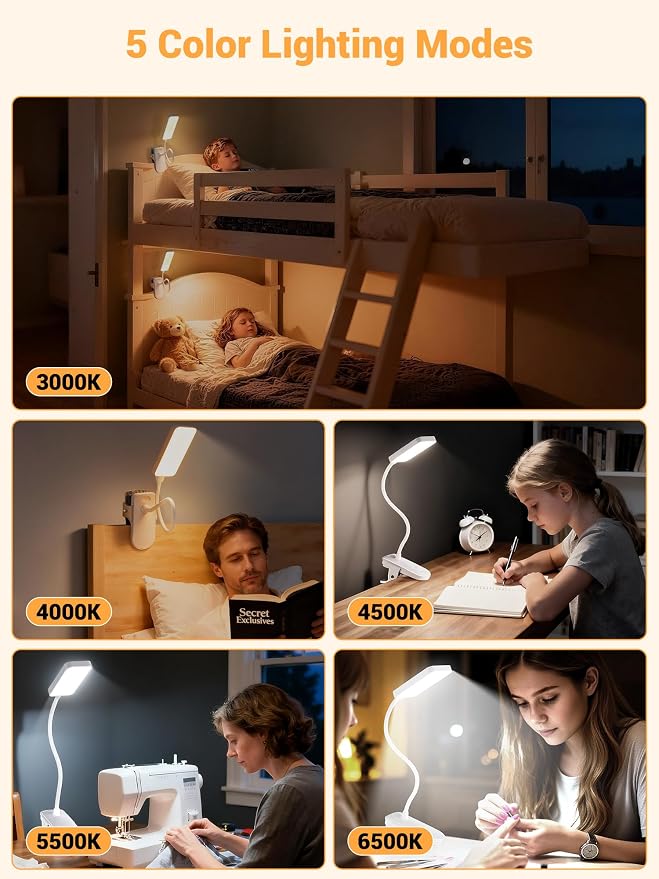 Clip on Lamp, 9 Brightness+5 Colors Reading Lights - Image 3