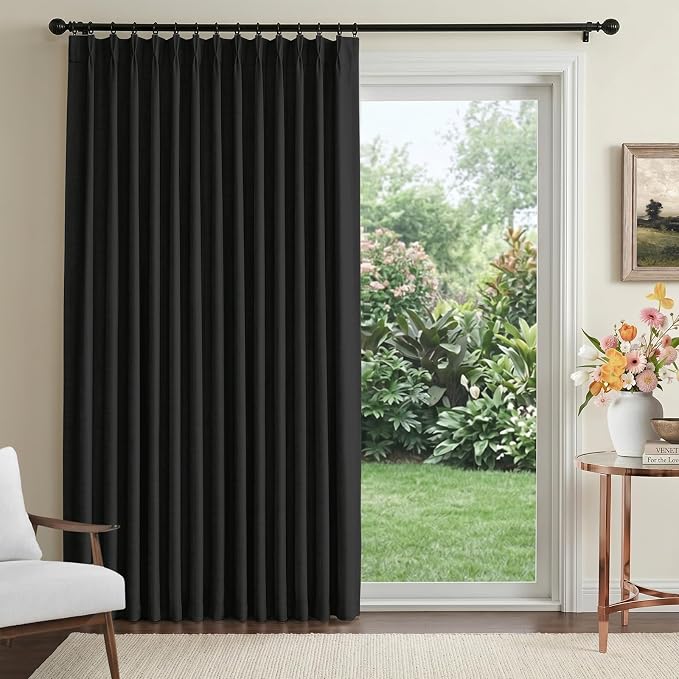 Pinch Pleated Full Blackout Faux Linen Curtains 80 Inches Long | Black by 100BlackoutShield
